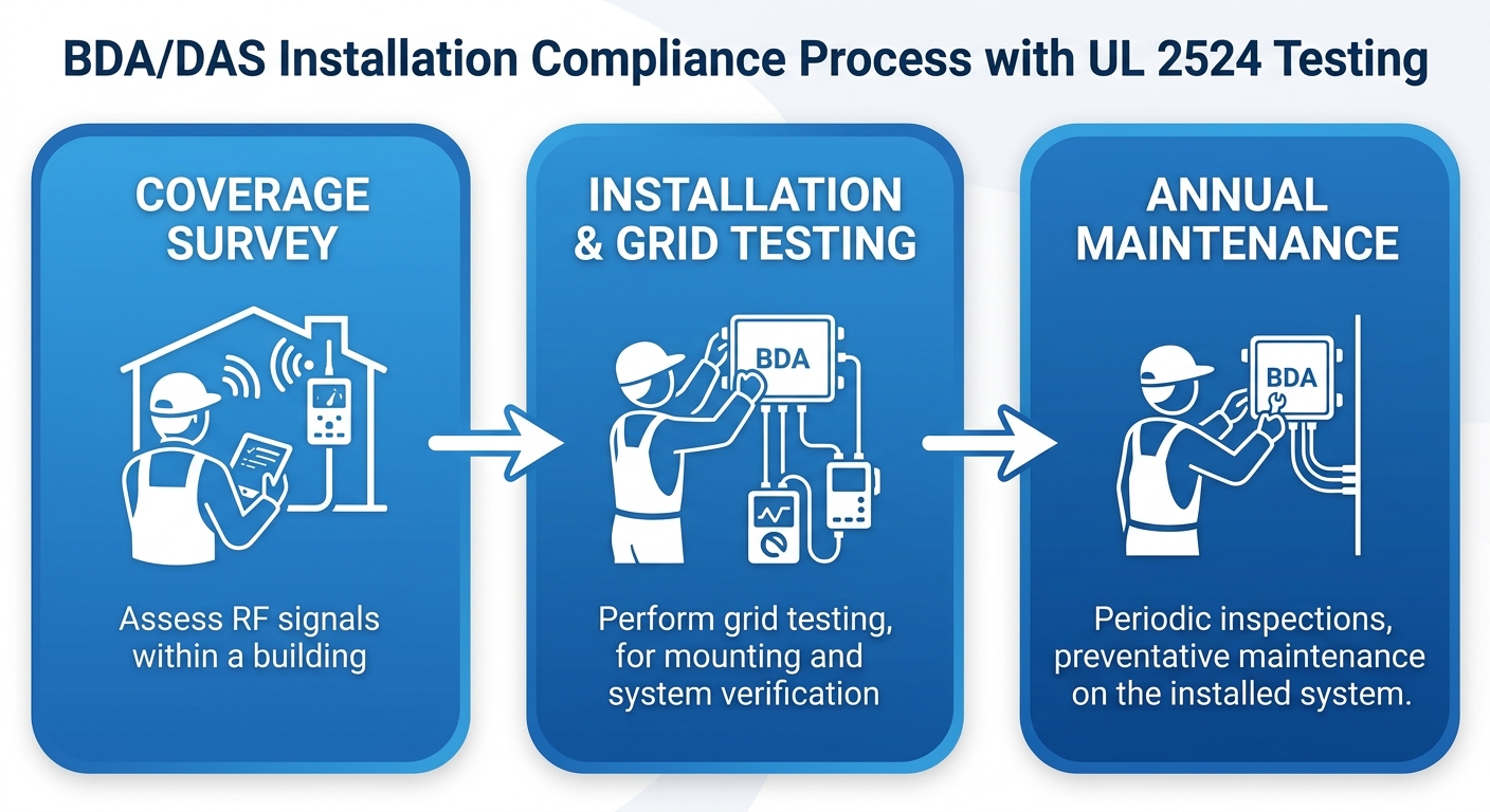 Horizontal process flow diagram with three stages: Coverage Survey, Installation and Grid Testing, Annual Maintenance, using gradient blue rounded rectangles and white icons, connected by arrows.
