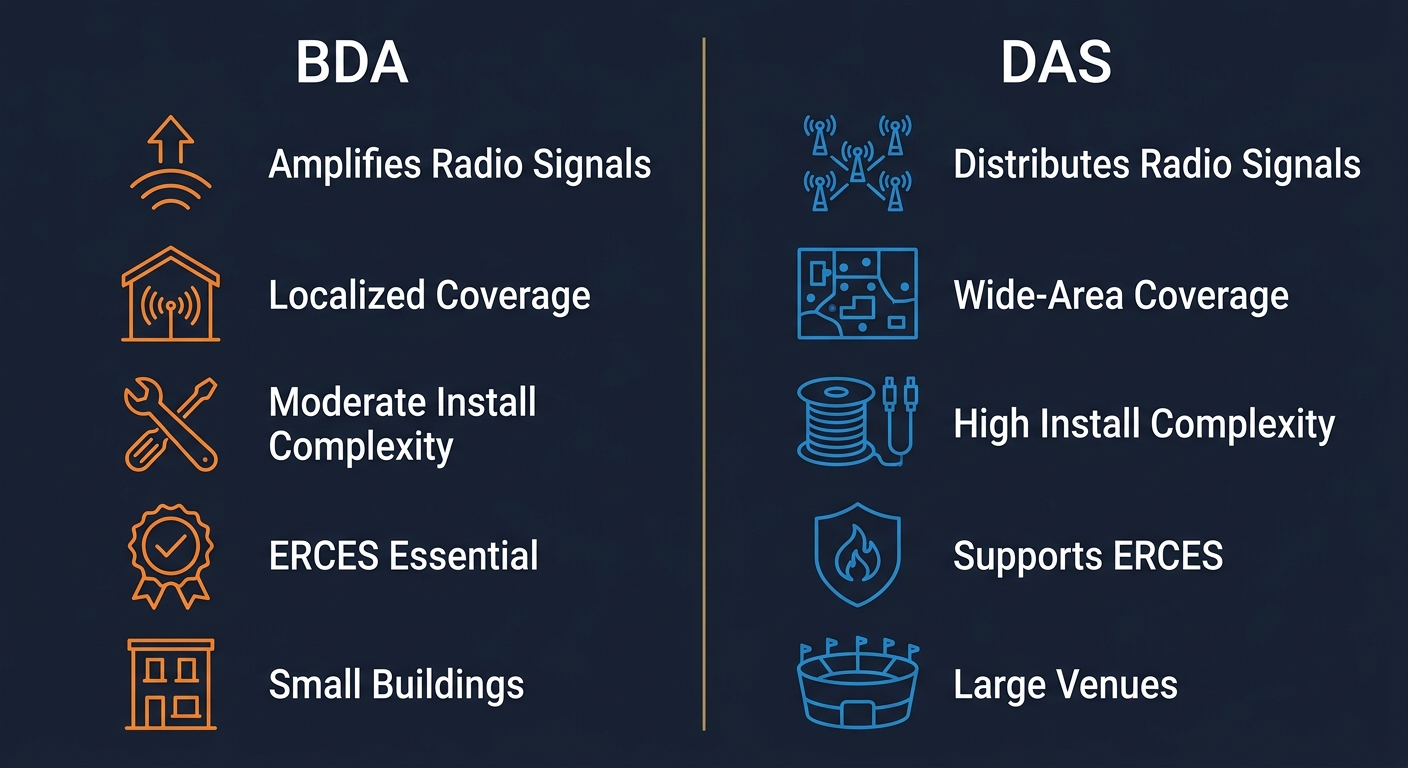 Infographic comparing BDA and DAS: BDA column with icons for amplification, localized coverage, moderate complexity, ERCES essential, small buildings; DAS column with icons for distribution, wide-area coverage, high complexity, supports ERCES, large venues.