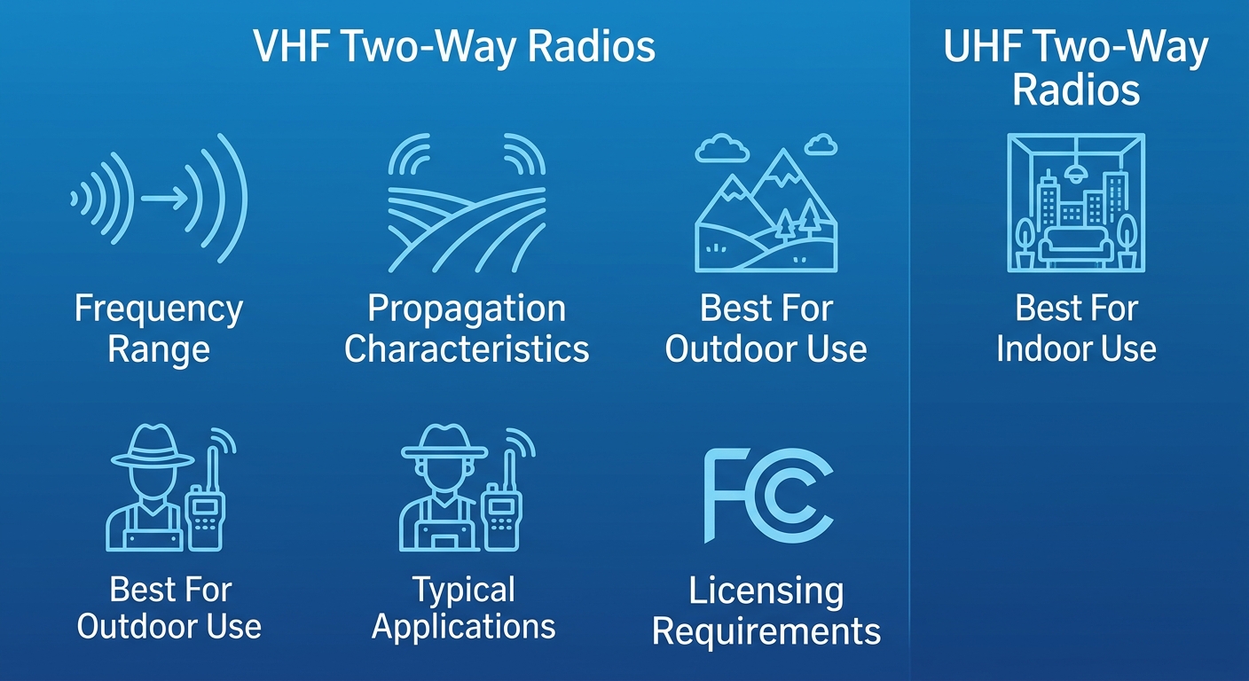 Split-screen infographic comparing VHF and UHF two-way radios with feature lists.