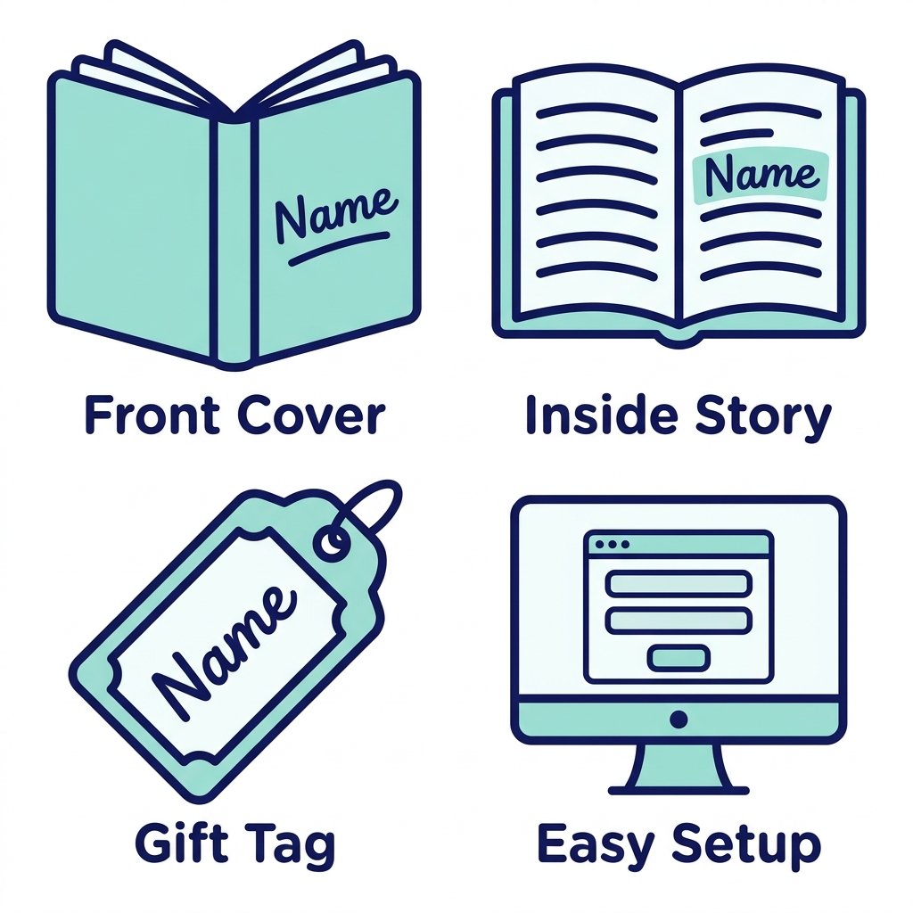 Four icons in a square grid showing a book with name on cover, open page with highlighted name, gift tag with name, and computer screen with form, all in soft teal and navy on white.