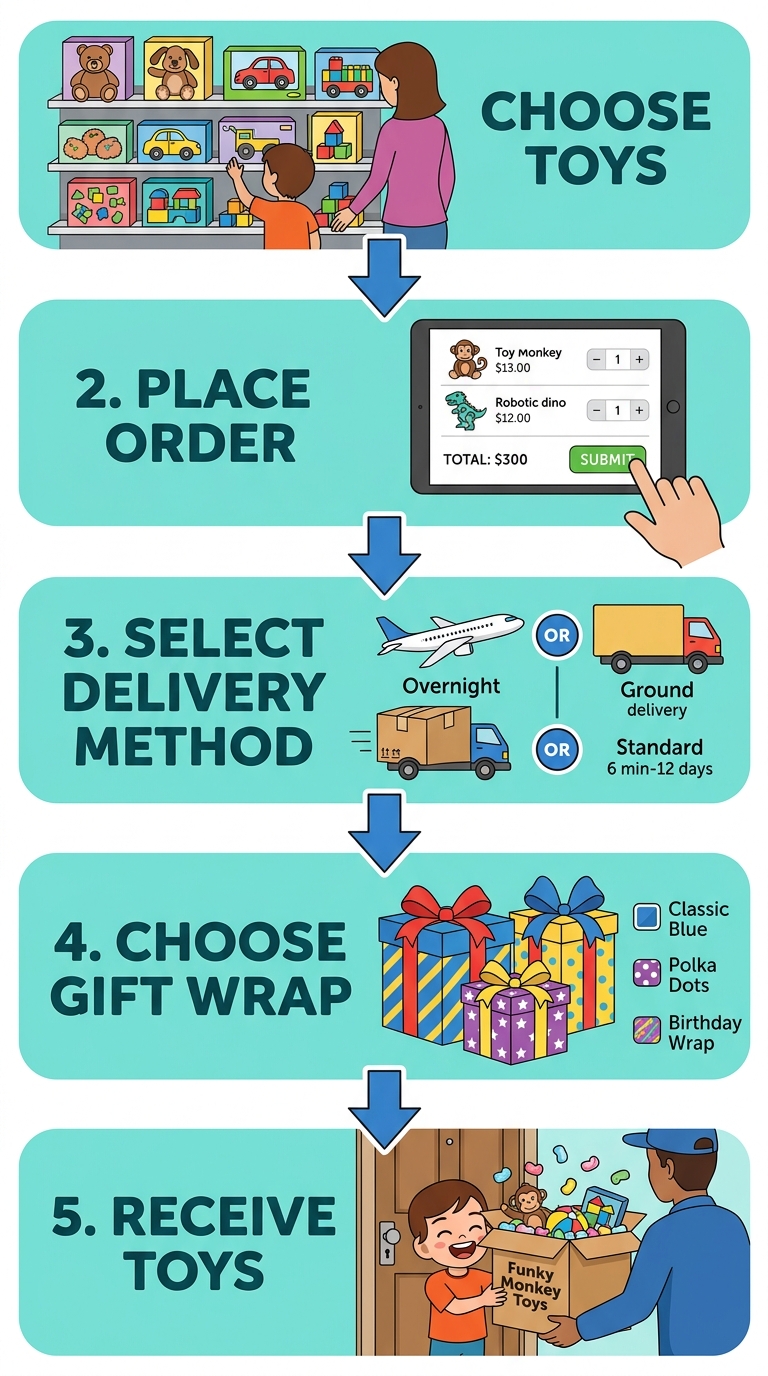 Five-step ordering process for Funky Monkey Toys showing steps Choose, Order, Delivery Method, Gift Wrap, and Receive with icons and arrows.