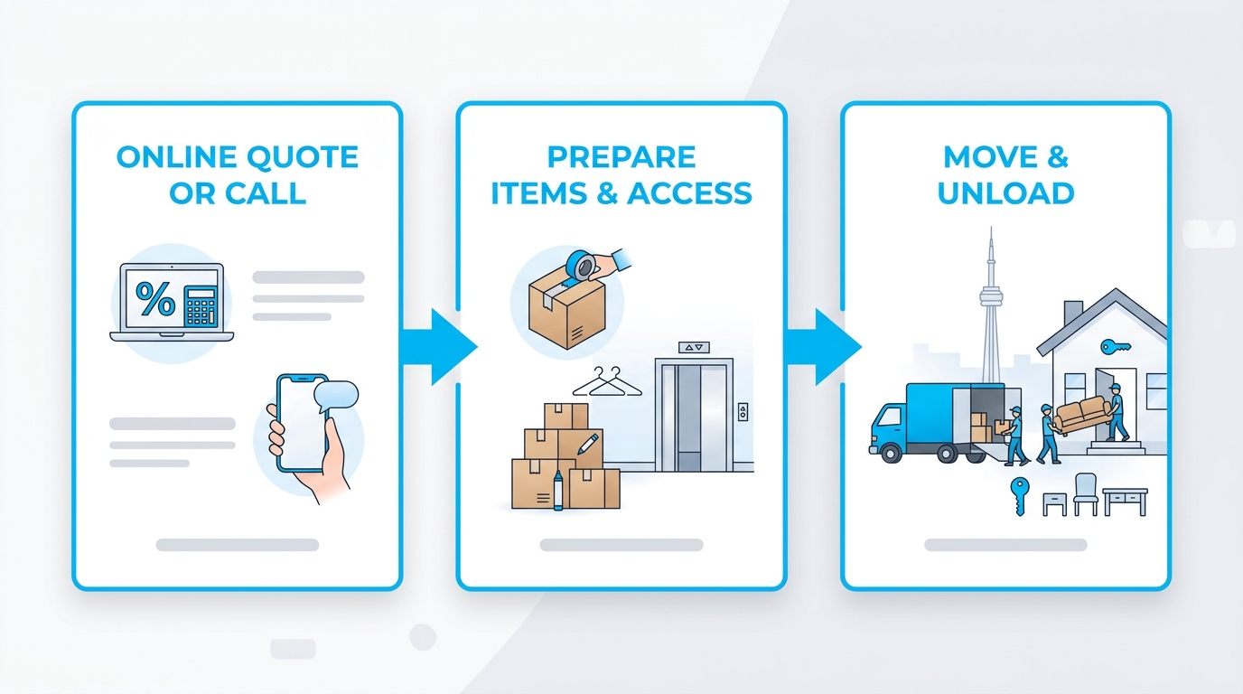 Three-step horizontal process flow for SmallMovers.ca small move service: Online Quote or Call, Prepare Items & Access, Move & Unload.