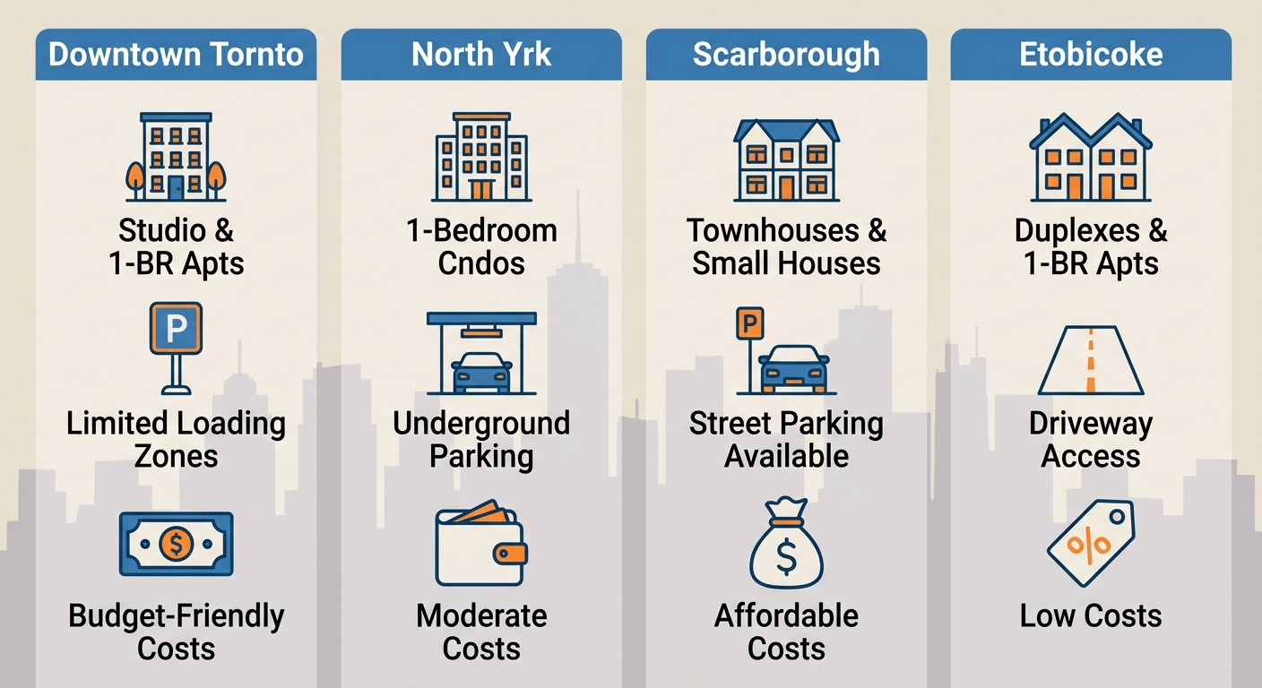 Infographic comparing small move needs across four Toronto neighborhoods: Downtown Toronto, North York, Scarborough, Etobicoke, with three icons each representing typical housing, parking, and cost.