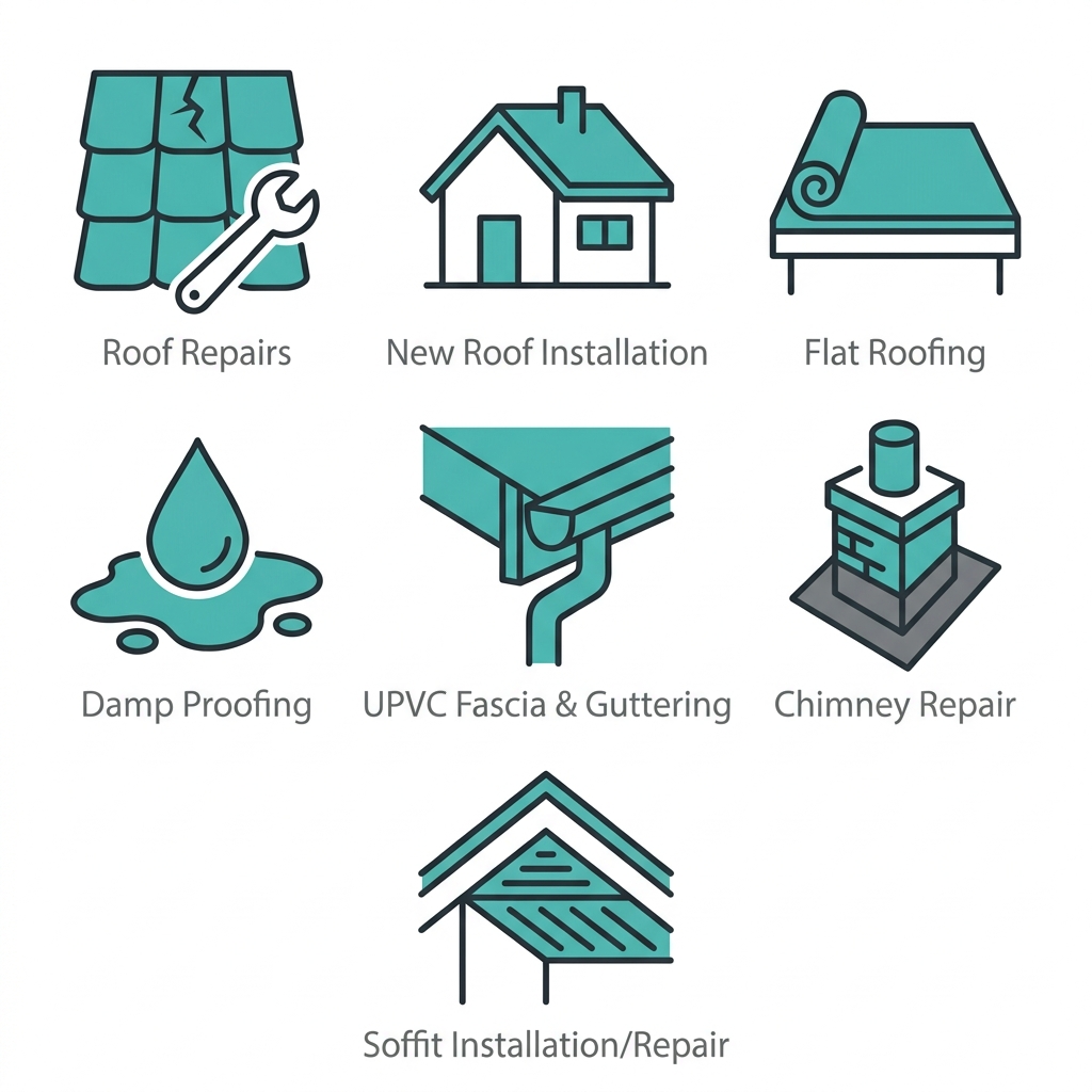 Seven flat icons arranged in a grid representing BestWay Roofing services: Roof Repairs, New Roof Installation, Flat Roofing, Damp Proofing, UPVC Fascia & Guttering, Chimney Repair, and Soffit Installation, on a white background with teal and charcoal colours.