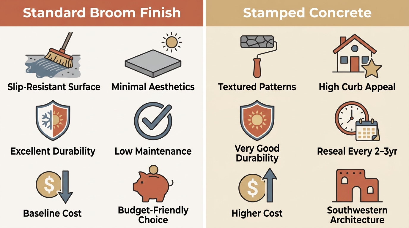 Infographic comparing Standard Broom Finish and Stamped Concrete driveway options, with six features for each finish type.