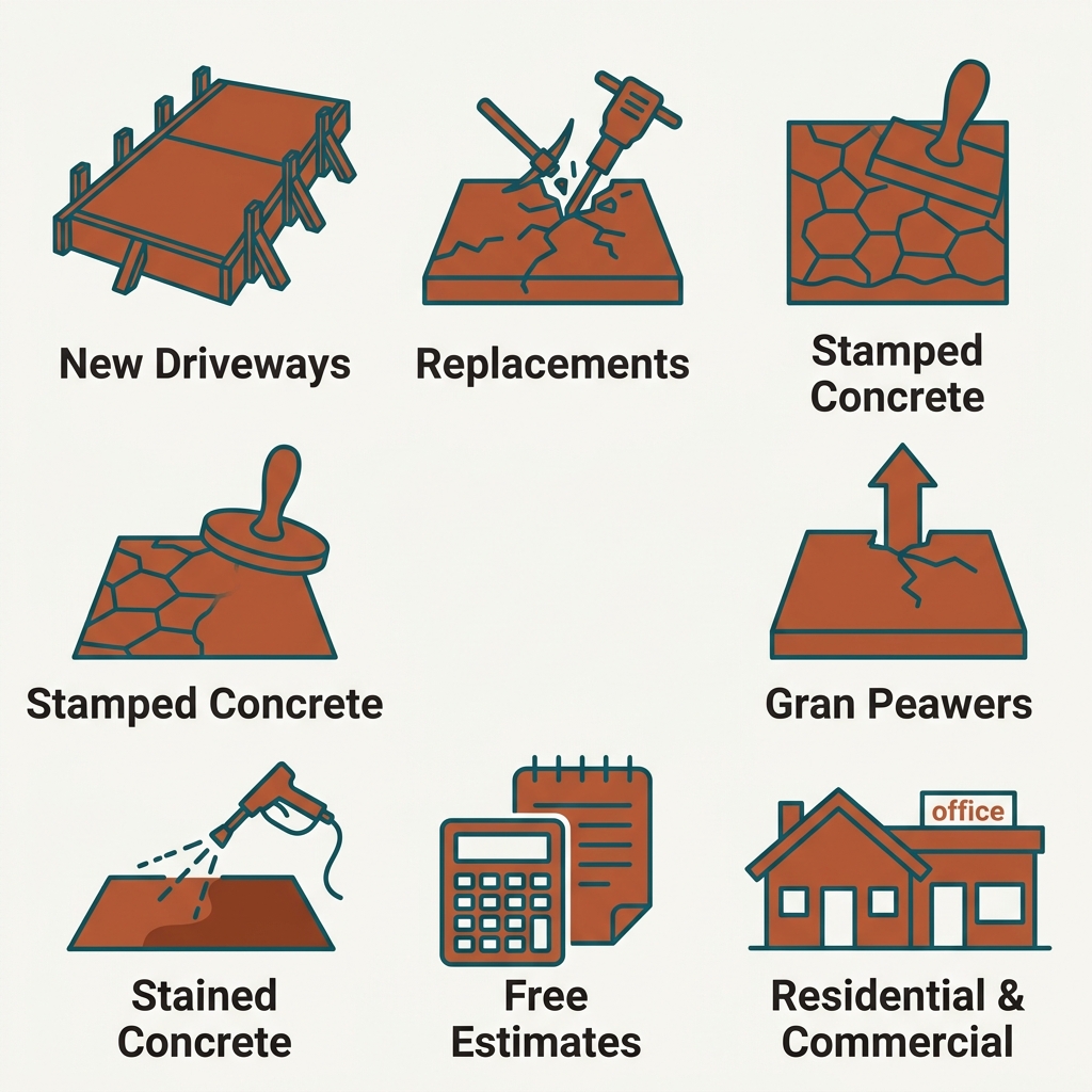 Icon set showing six concrete driveway services: new driveways, replacements, stamped concrete, stained concrete, free estimates, and residential & commercial.