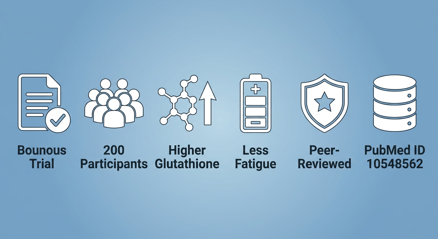 Infographic showing six icons for Immunocal clinical evidence: Bounous Trial, 200 Participants, Higher Glutathione, Less Fatigue, Peer-Reviewed, and PubMed ID 10548562