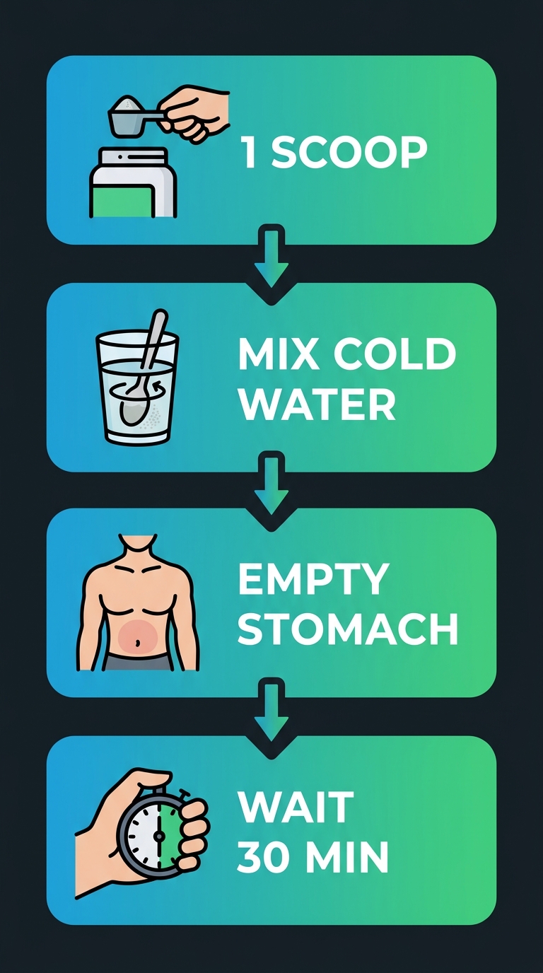 Vertical process flow diagram showing four steps to incorporate Immunocal daily: 1 Scoop, Mix cold water, Empty stomach, Wait 30 min.