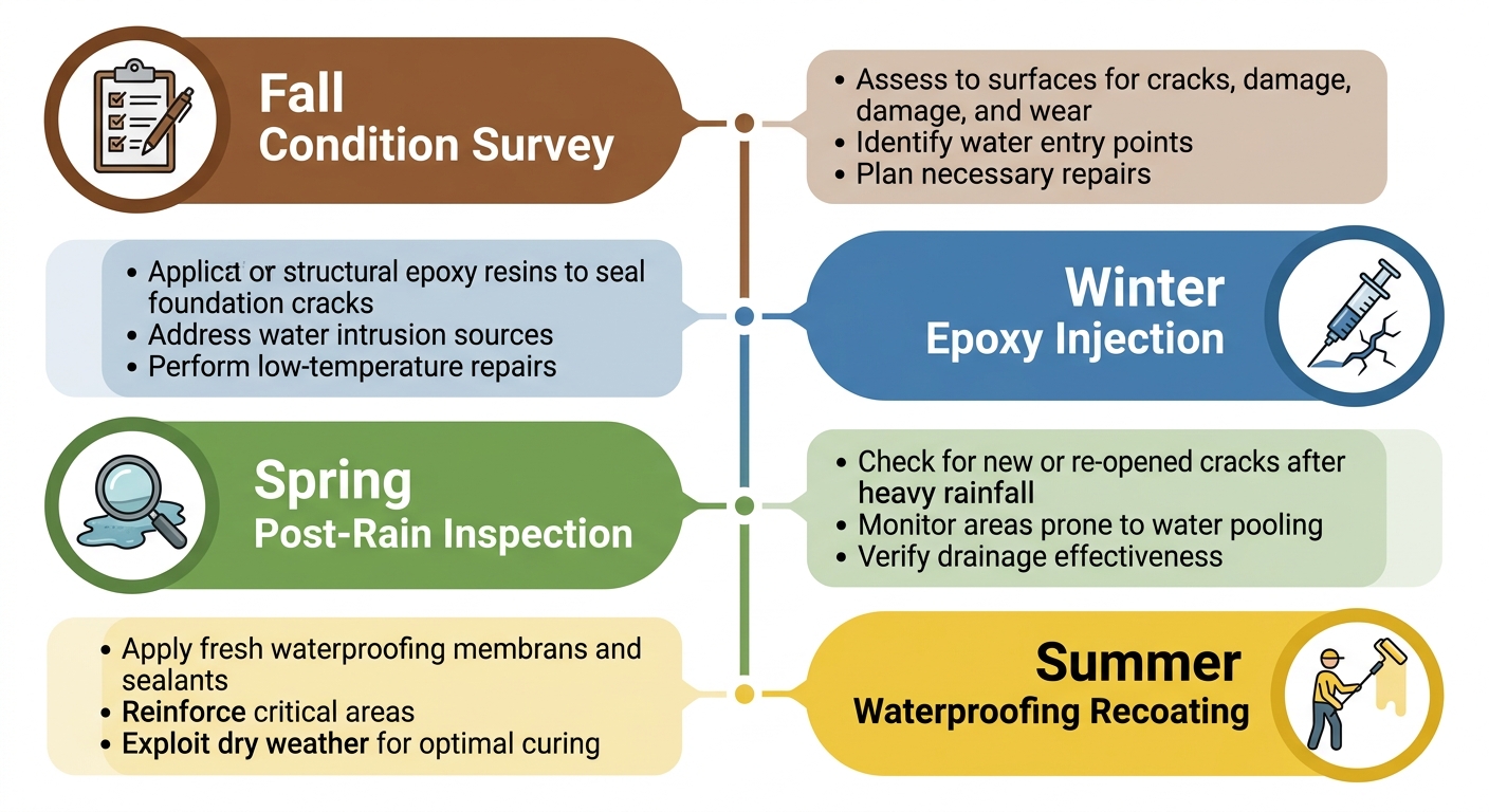 Vertical timeline showing four seasonal maintenance steps for concrete and waterproofing in Oakland: Fall condition survey, Winter epoxy injection, Spring post-rain inspection, and Summer waterproofing recoating, each with corresponding icons and seasonal colors.