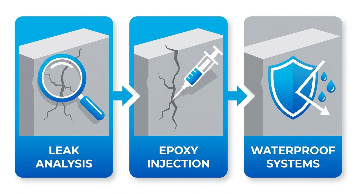 Horizontal process flow diagram showing three stages of concrete repair and waterproofing: Leak Analysis with magnifying glass over cracked wall, Epoxy Injection with syringe into crack, and Waterproof Systems with shield repelling water, connected by arrows, vibrant blue gradient cards with white icons on gray background.
