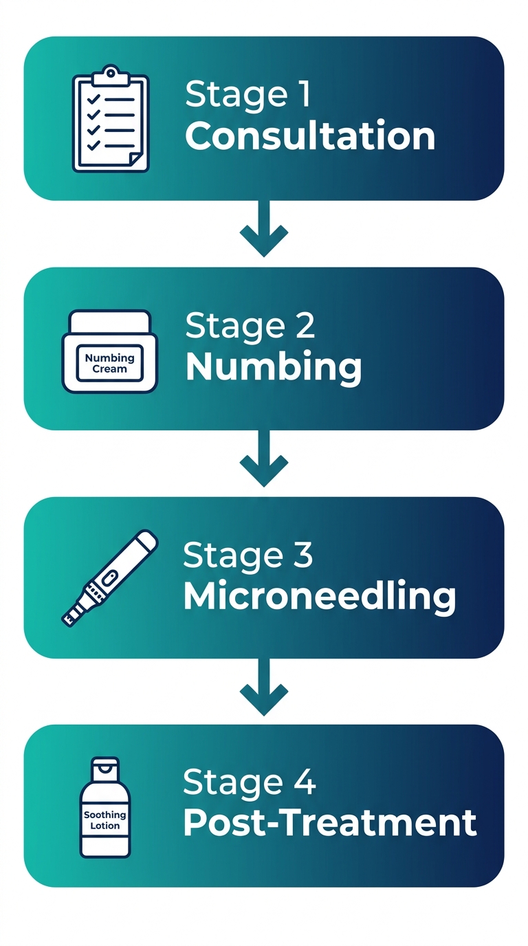 Vertical process flow with four connected stages for microneedling: Consultation with clipboard, Numbing with cream jar, Microneedling with pen, and Post-Treatment with soothing lotion, shown as rounded teal-to-navy gradient rectangles with downward arrows.