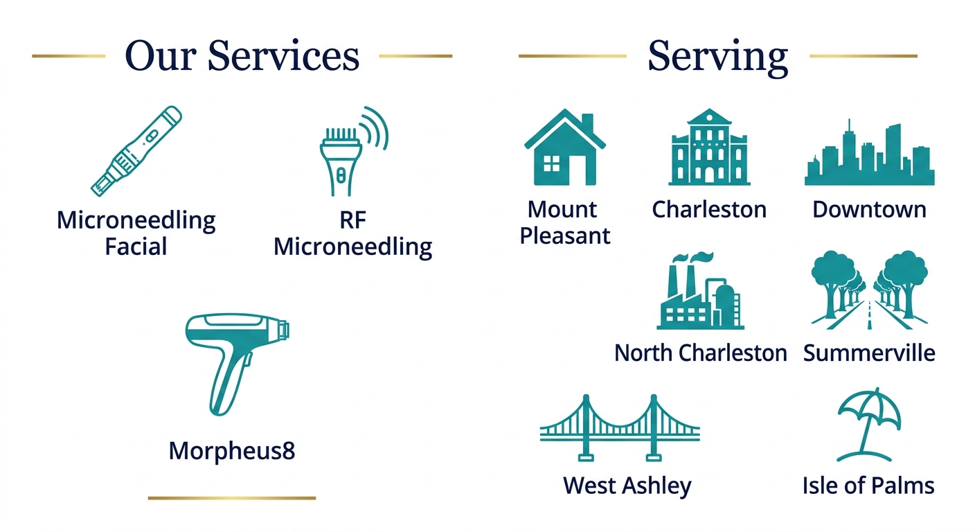 Infographic showing two columns: left column 'Our Services' with icons for Microneedling Facial, RF Microneedling, and Morpheus8; right column 'Serving' with icons for Mount Pleasant, Charleston, Downtown, North Charleston, Summerville, West Ashley, and Isle of Palms using teal, navy, and gold on white.