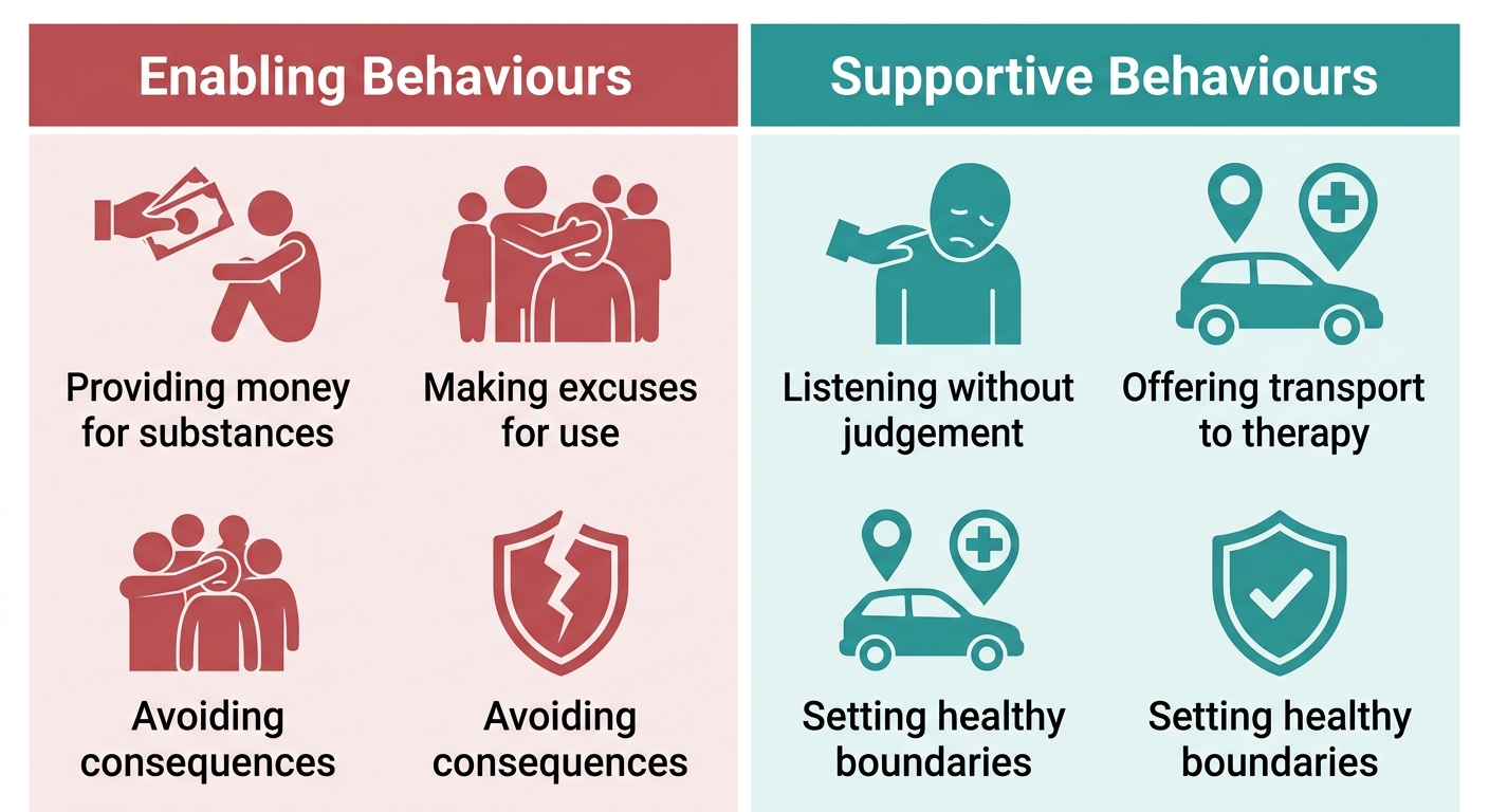 Two-column infographic comparing enabling and supportive behaviours for recovery. Left column 'Enabling Behaviours' in muted red with icons for providing money, making excuses, avoiding consequences. Right column 'Supportive Behaviours' in teal with icons for listening, offering transport, setting boundaries.
