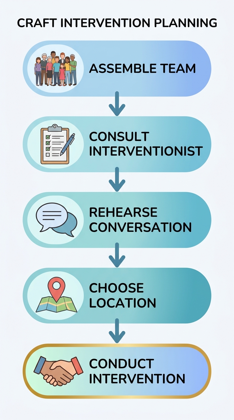 Vertical process flow showing five steps for pre-treatment family empowerment: Assemble Team, Consult Interventionist, Rehearse Conversation, Choose Location, and a gold-highlighted final stage Conduct Intervention, with icons for each step.