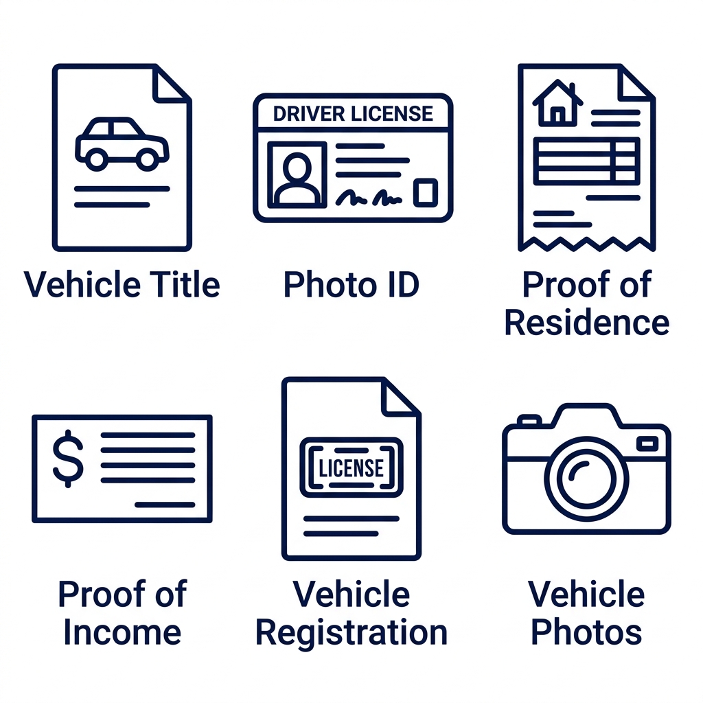 Icon set of six required documents for car title loan: Vehicle Title, Photo ID, Proof of Residence, Proof of Income, Vehicle Registration, Vehicle Photos in navy blue outline style on white background.