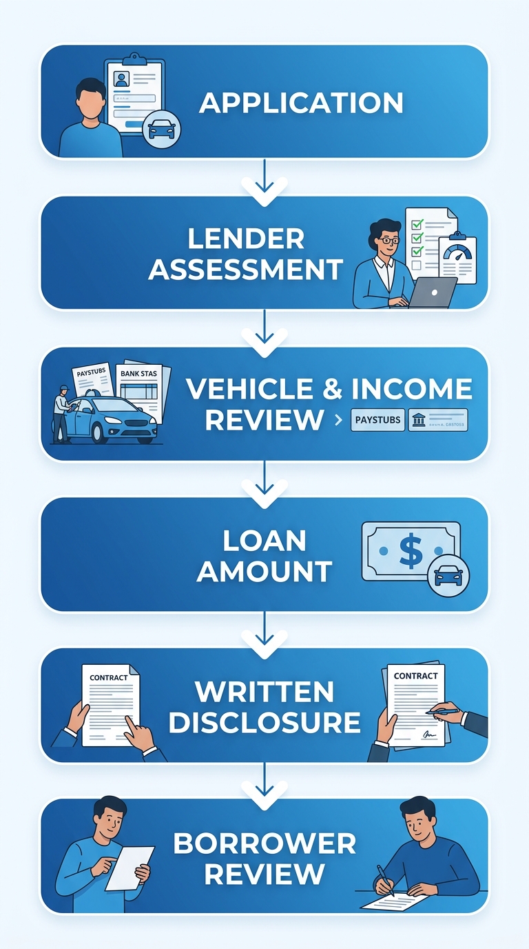 Vertical process flow diagram of a car title loan application from Loans, Inc. showing six stages: Application, Lender Assessment, Vehicle and Income Review, Loan Amount Determination, Written Disclosure, and Borrower Review, with arrows connecting rounded blue gradient boxes.