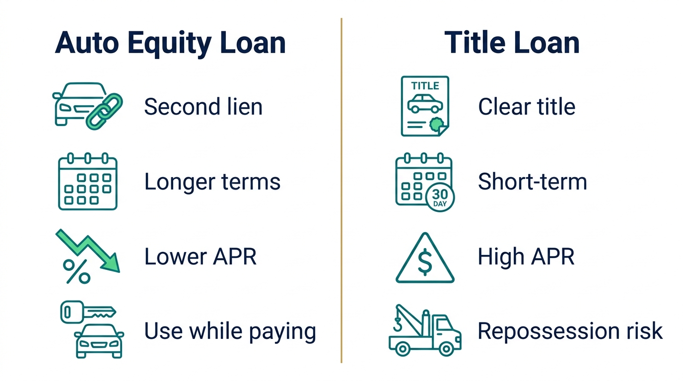 Infographic comparing auto equity loan features on the left and title loan risks on the right, each column with four outlined icons and labels