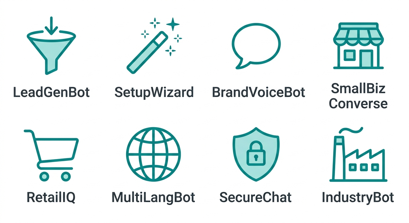 Infographic showing eight AI chatbot tools with teal icon glyphs and dark gray labels on white background