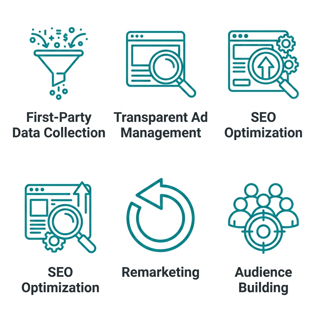 Flat outline icon set representing enterprise SEO services: data collection, ad management, SEO, remarketing, and audience building, with teal icons and dark gray labels on white background.