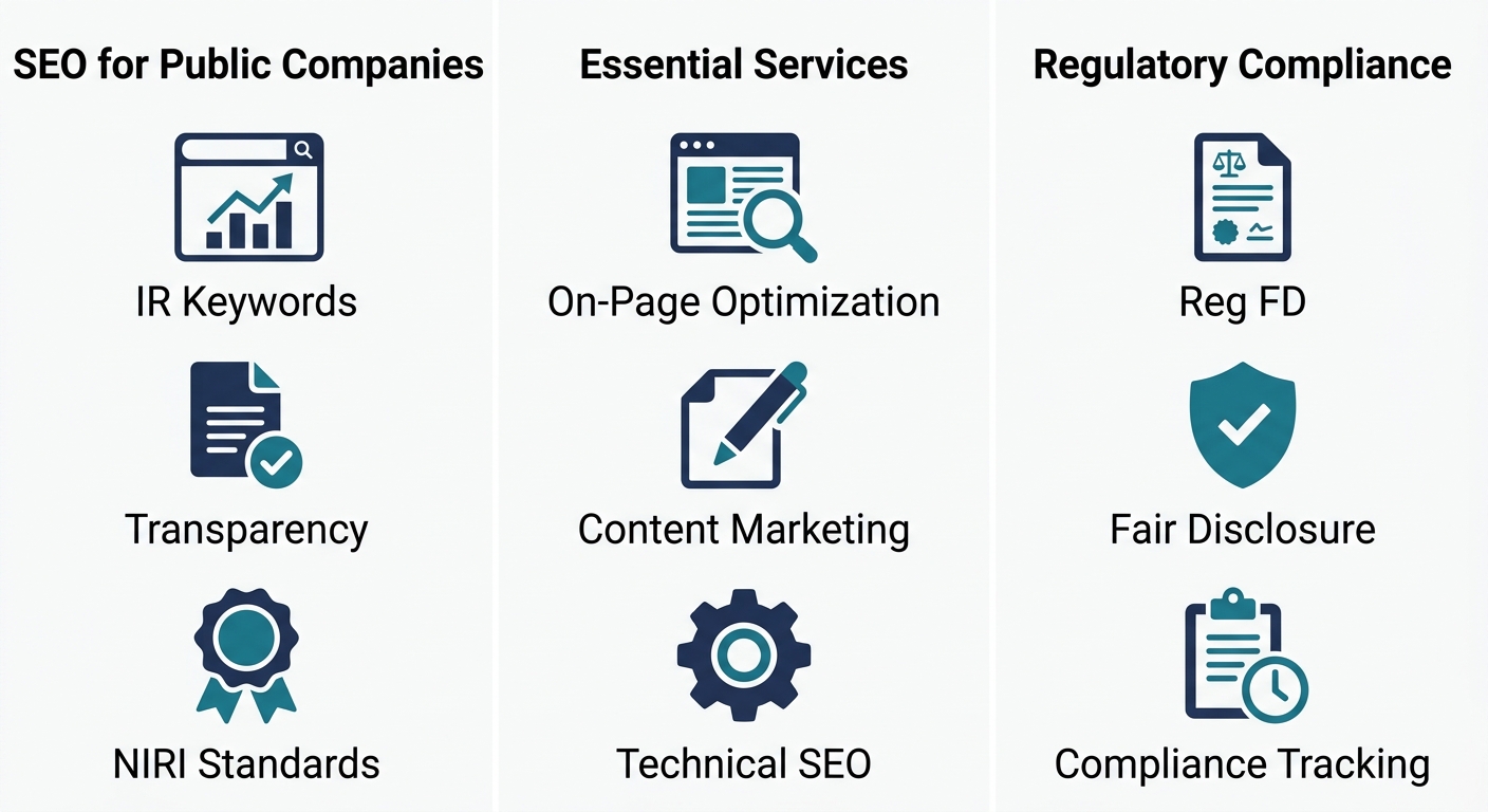 Infographic showcasing three columns of SEO capabilities for public companies: SEO for Public Companies, Essential Services, and Regulatory Compliance, each with three labeled icons.