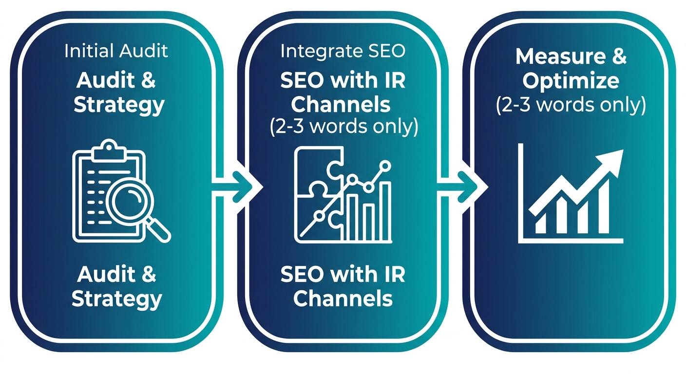 Horizontal three-step process flow showing integration of digital marketing and investor relations: Initial Audit & Strategy, Integrate SEO with IR Channels, and Measure & Optimize. Each step is a rounded rectangle with a navy-to-teal gradient filled with a white icon.