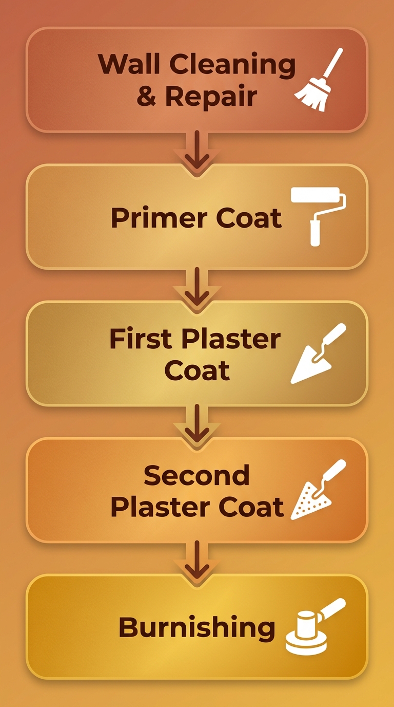 Vertical process flow diagram showing five sequential steps for applying Venetian plaster: Wall Cleaning & Repair, Primer Coat, First Plaster Coat, Second Plaster Coat, and Burnishing, each with a corresponding icon (broom, roller, trowel, dotted trowel, polishing tool) in white against warm terracotta-to-gold rounded rectangles, connected by downward arrows.