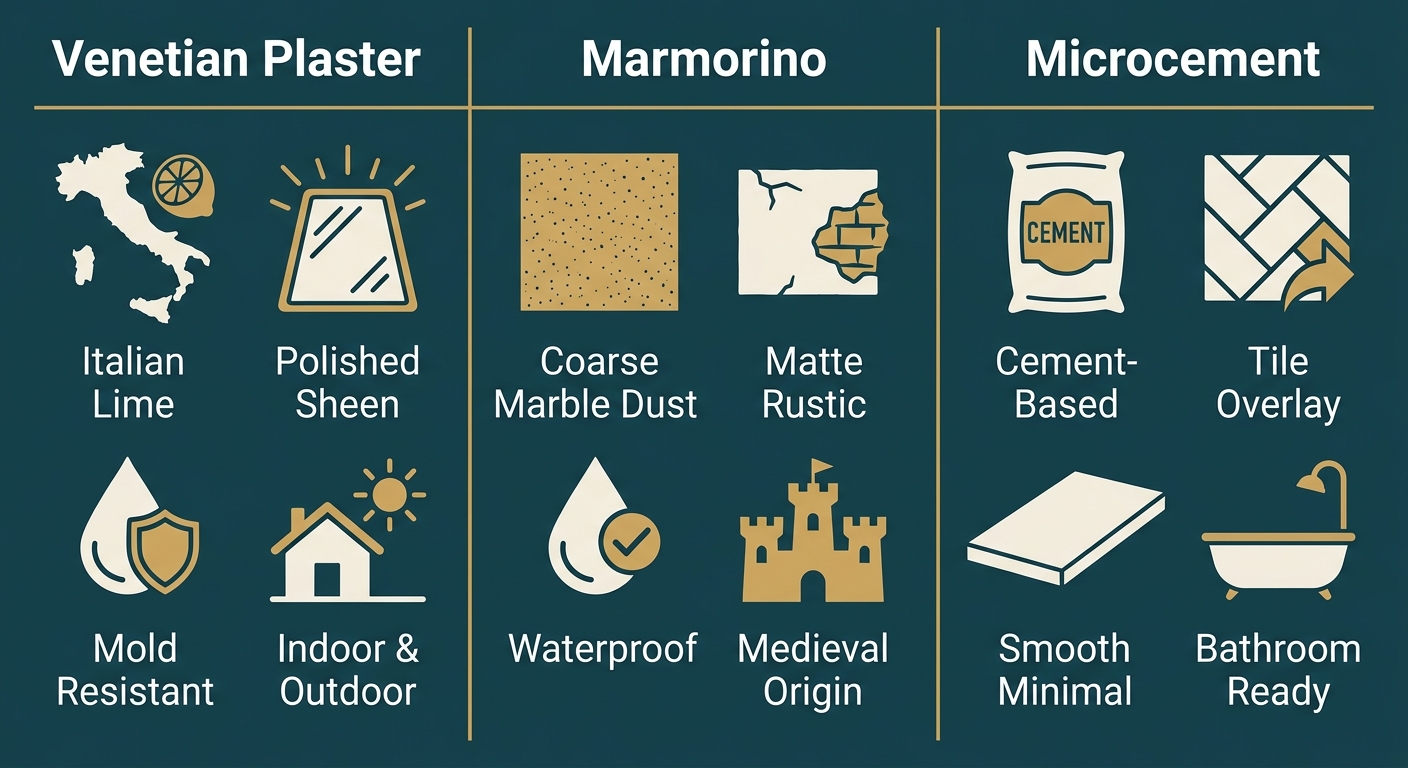 Three-column infographic comparing Venetian plaster, Marmorino, and microcement finishes. Venetian Plaster column shows Italian lime, polished sheen, mold resistant, indoor and outdoor icons. Marmorino column shows coarse marble dust, matte rustic, waterproof, medieval origin icons. Microcement column shows cement-based, tile overlay, smooth minimal, bathroom ready icons.