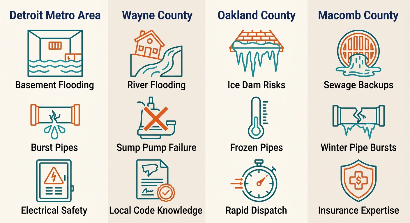 Infographic showing regional water damage risks in four Michigan areas with icon sets for each region