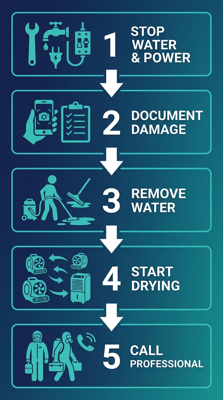 Vertical process flow showing five steps for water damage response: stop water and power, document damage, remove water, start drying, call professional.