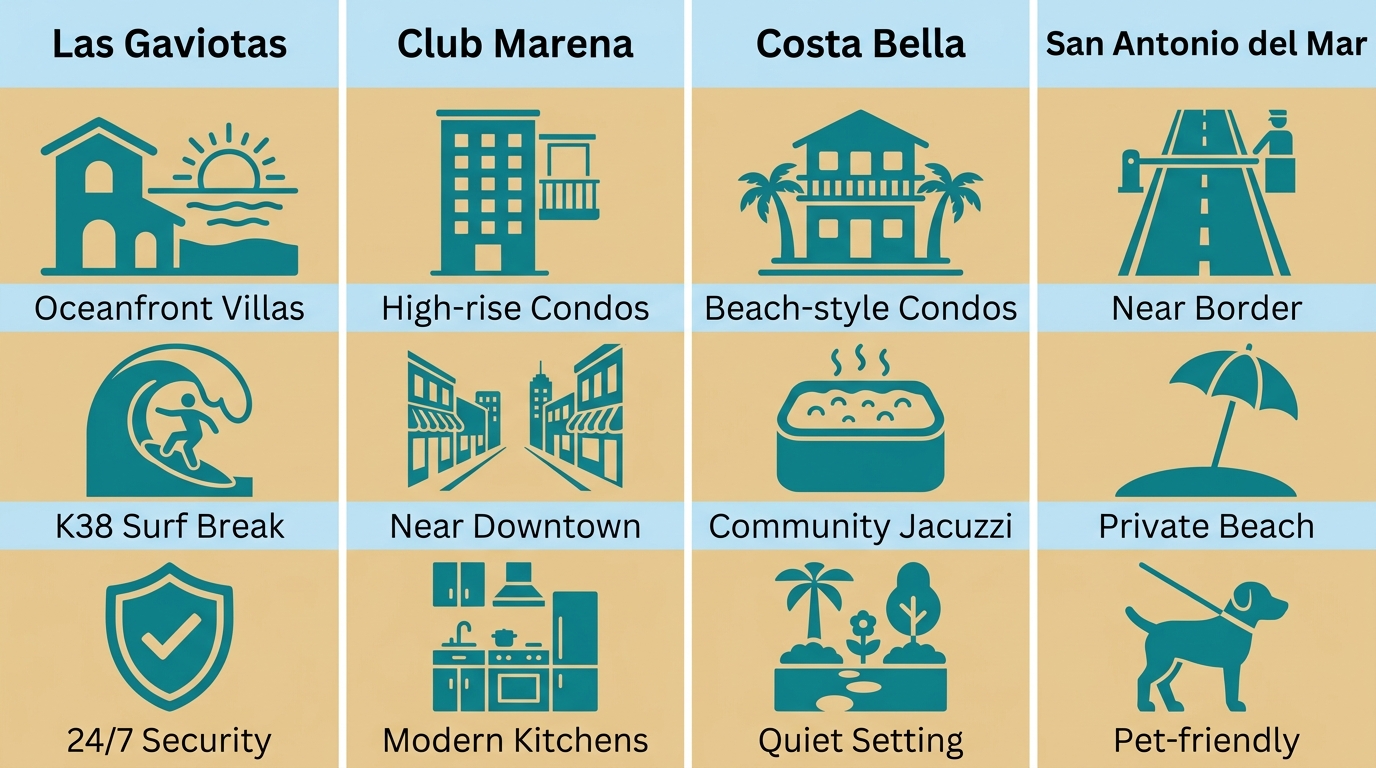 Infographic comparing four Rosarito Beach communities: Las Gaviotas, Club Marena, Costa Bella, and San Antonio del Mar, each with three feature icons.