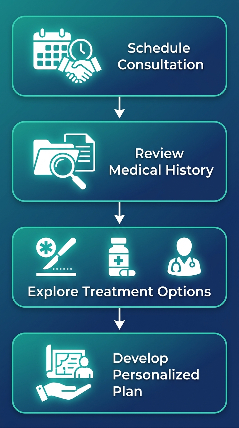 Vertical process flow diagram with four steps for endometriosis treatment planning: Schedule Consultation, Review Medical History, Explore Treatment Options, and Develop Personalized Plan, with gradient teal to navy backgrounds and white icons.