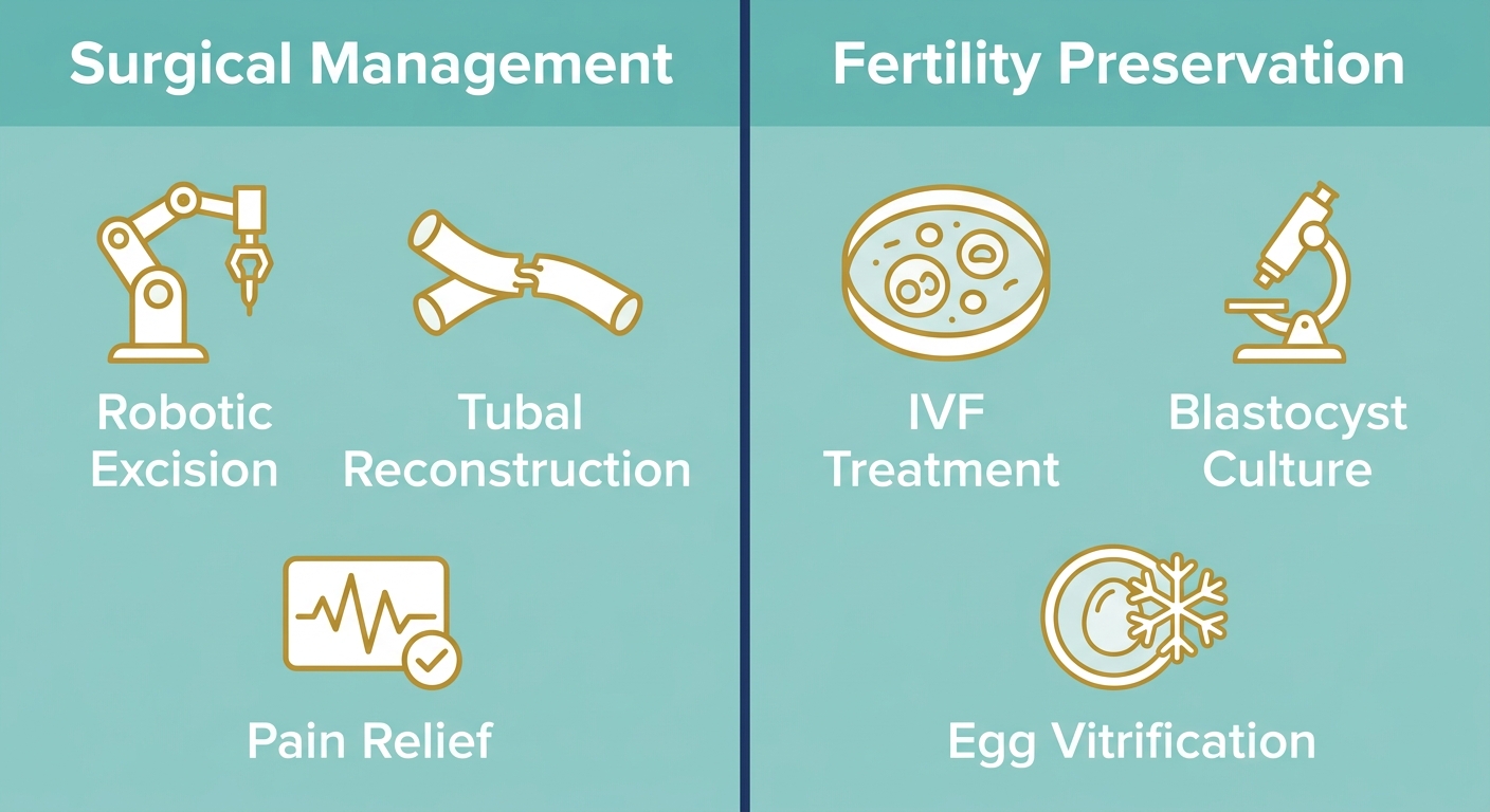 Infographic: Surgical Management and Fertility Preservation for endometriosis treatment at Elite IVF Solutions.
