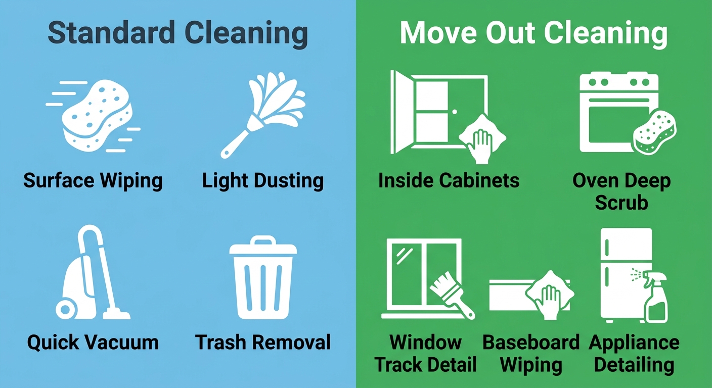 Two-column infographic comparing standard cleaning tasks on a light blue background and move-out cleaning tasks on a green background, with flat white icons and dark labels.