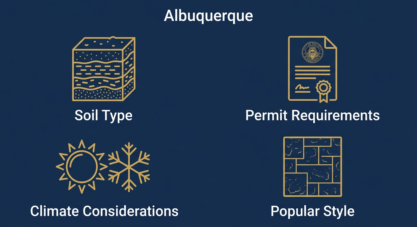 Infographic showing four factors for concrete patios in Albuquerque: soil type, permit requirements, climate considerations, and popular style with gold icons on navy background.