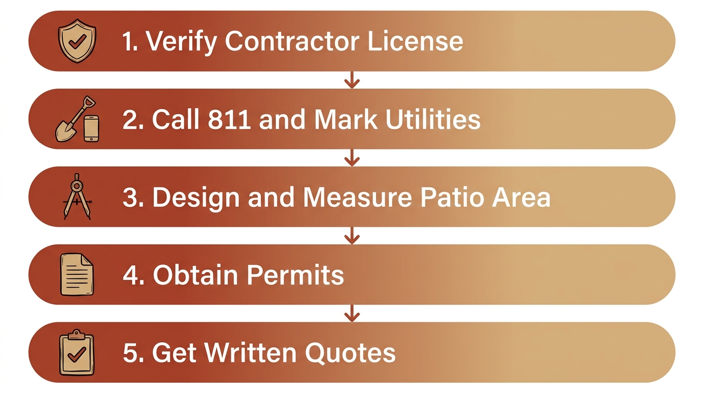 Vertical process flow diagram showing 5 steps for planning a concrete patio project in Albuquerque: Verify Contractor License, Call 811 and Mark Utilities, Design and Measure Patio Area, Obtain Permits, Get Written Quotes. Each step in a rounded rectangle with desert gradient colors, connected by downward arrows, with icons.
