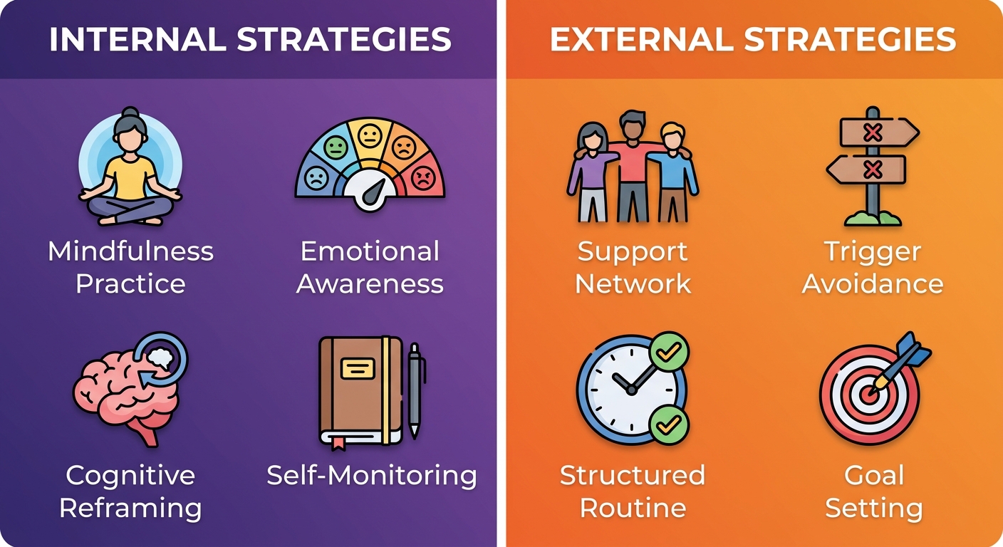Infographic with two columns comparing internal and external relapse prevention strategies. Icons represent mindfulness, emotional awareness, cognitive reframing, self-monitoring, support network, trigger avoidance, structured routine, and goal setting.