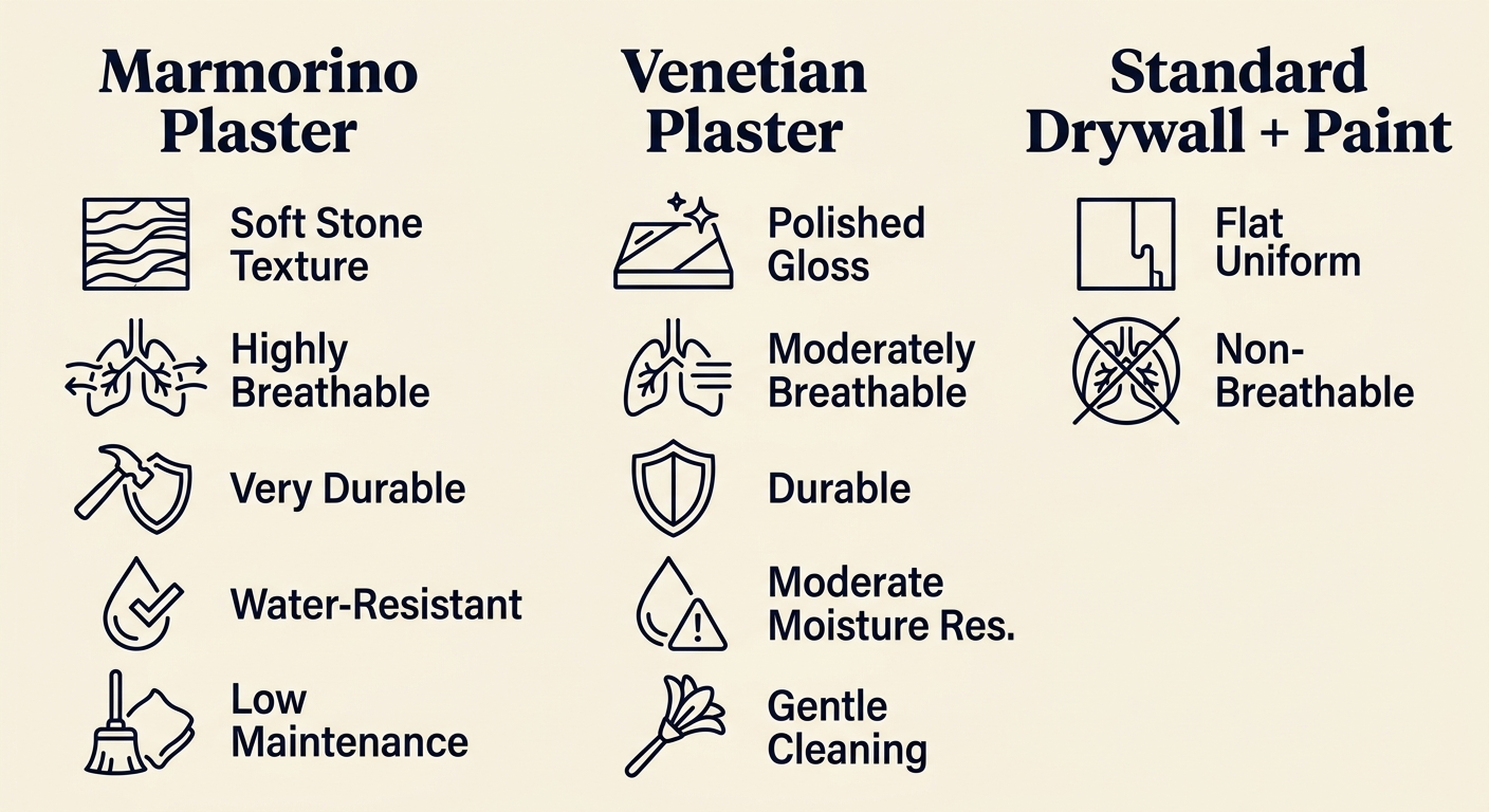 Infographic with three columns comparing Marmorino plaster, Venetian plaster, and standard drywall with paint. Marmorino leads with breathable, durable, water-resistant stone-like texture.