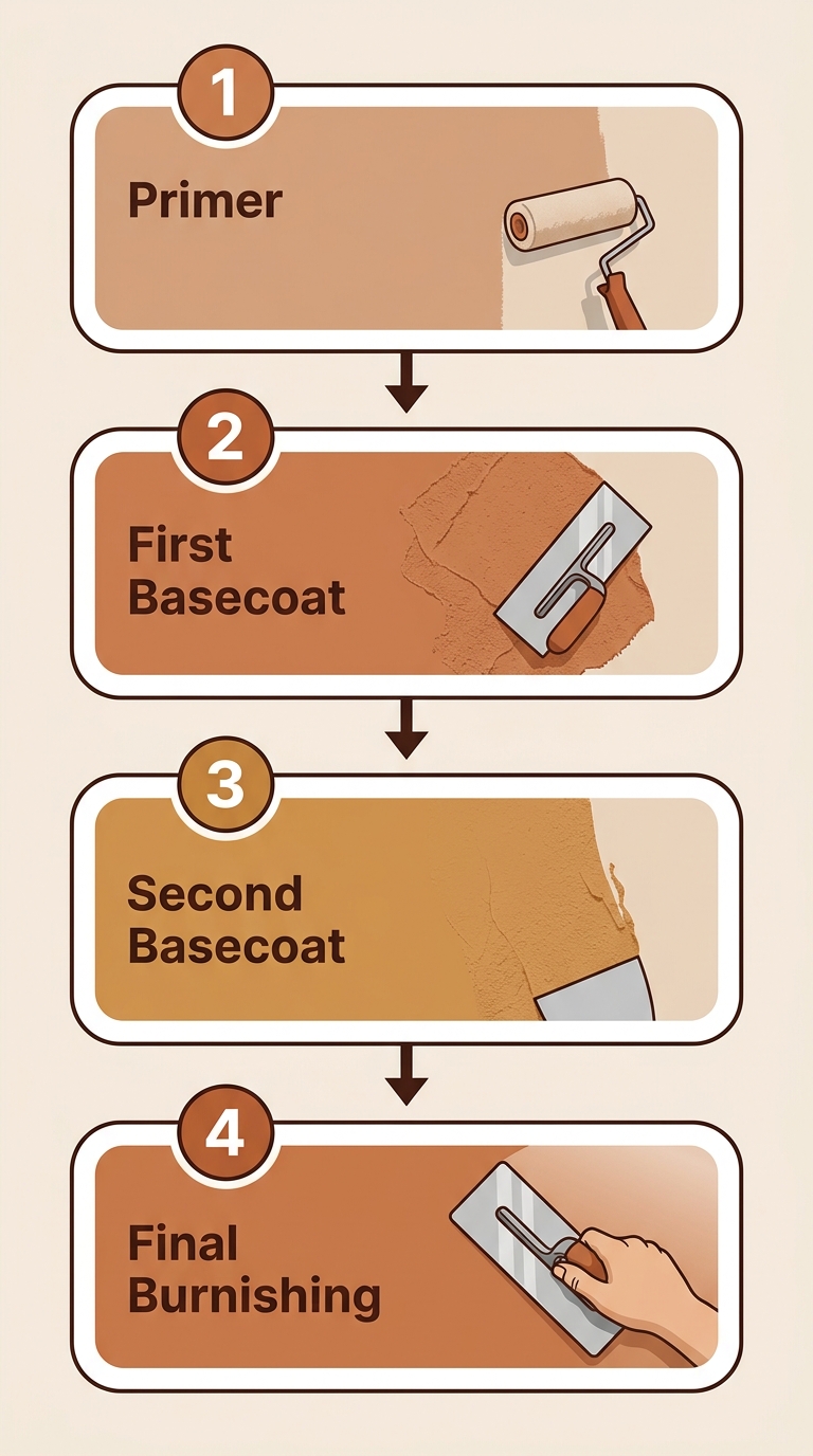 Marmorino application process with four stages: Primer, First Basecoat, Second Basecoat, Final Burnishing