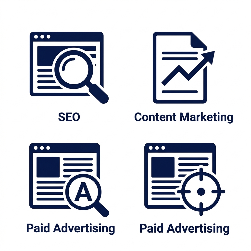 Three flat icons for SEO, Content Marketing, and Paid Advertising on a white background