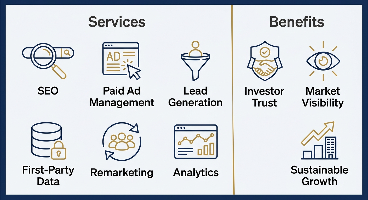 Infographic: two-column layout showing six digital marketing services and three scaling benefits with outlined icons and crisp sans-serif labels