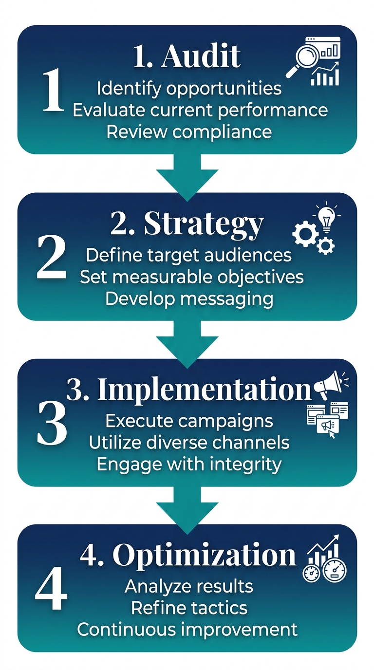 Vertical flow diagram showing four marketing campaign stages from Audit to Optimization, each in a navy-to-teal gradient rounded rectangle with white text, connected by downward arrows