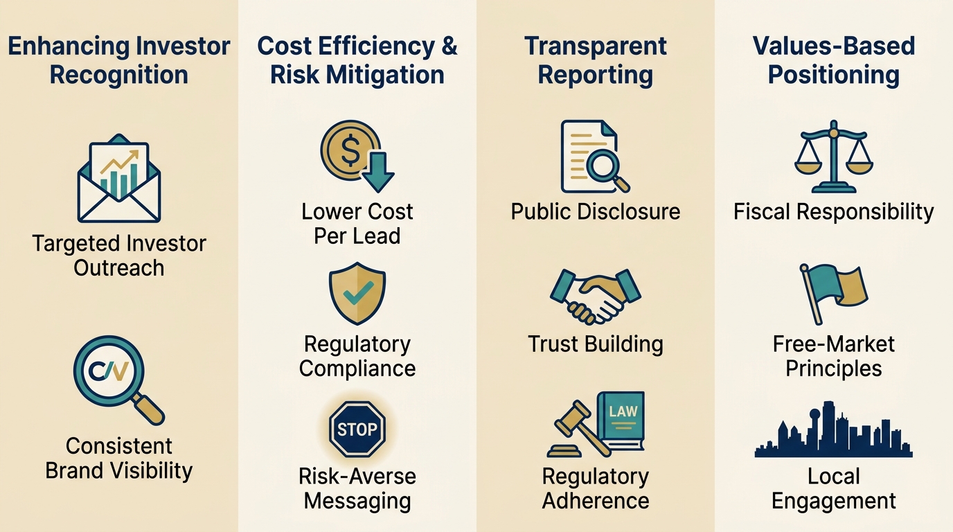 Infographic showing four columns of strategic benefits: Enhancing Investor Recognition, Cost Efficiency & Risk Mitigation, Transparent Reporting, and Values‑Based Positioning, each with icons and labels.