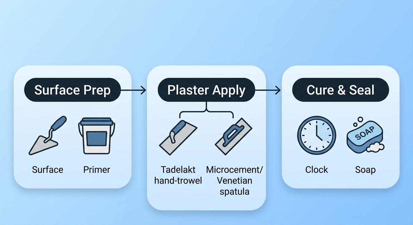 Horizontal process flow diagram showing three stages of tadelakt and microcement shower application: surface preparation, plaster application with dual path, and curing and sealing.