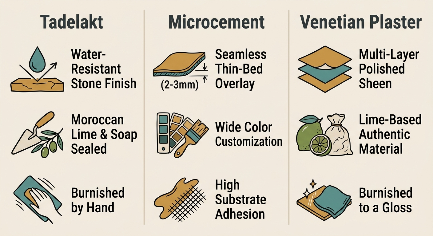 Infographic with three columns comparing Tadelakt, Microcement, and Venetian Plaster finishes. Each column shows three hand-drawn line icons with earthy ochre and teal accents on a light beige background, with headers in deep charcoal serif and labels in small sans-serif.