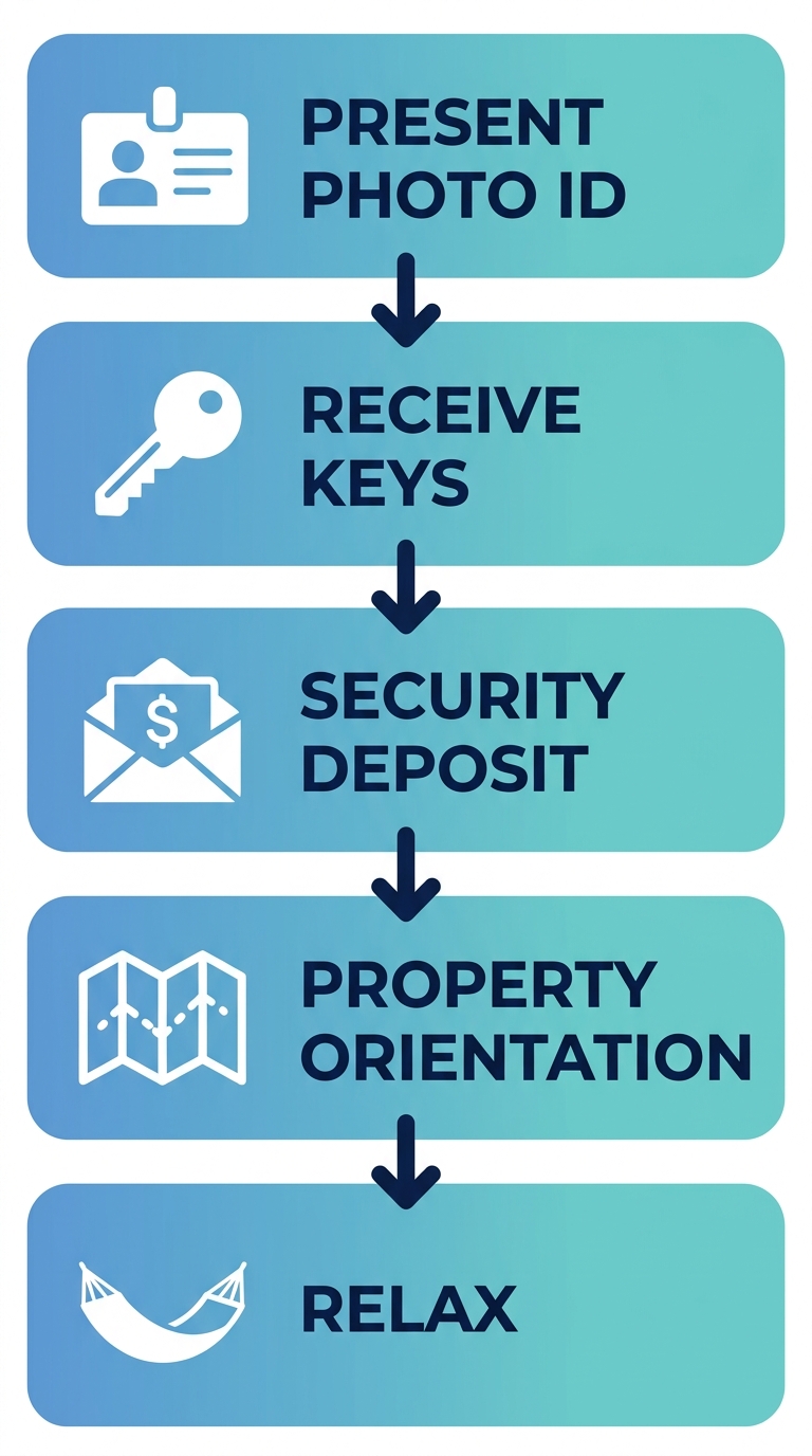 Vertical process flow diagram showing five check-in steps for Club Marena vacation rentals: Present Photo ID, Receive Keys, Security Deposit, Property Orientation, Relax, with white icons and downward arrows.