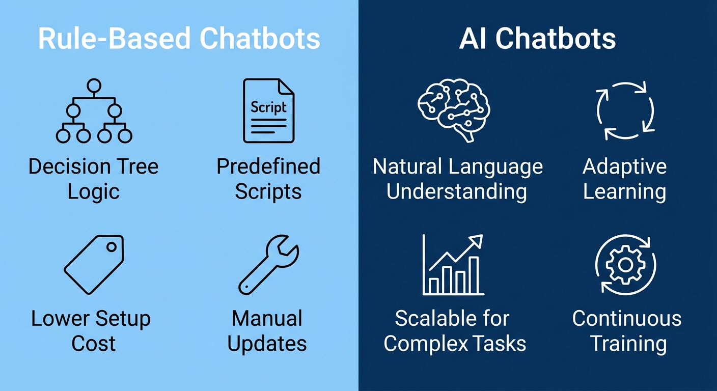 Split-screen infographic comparing rule-based chatbots on a light blue background and AI chatbots on a dark blue background, each with four labeled icons