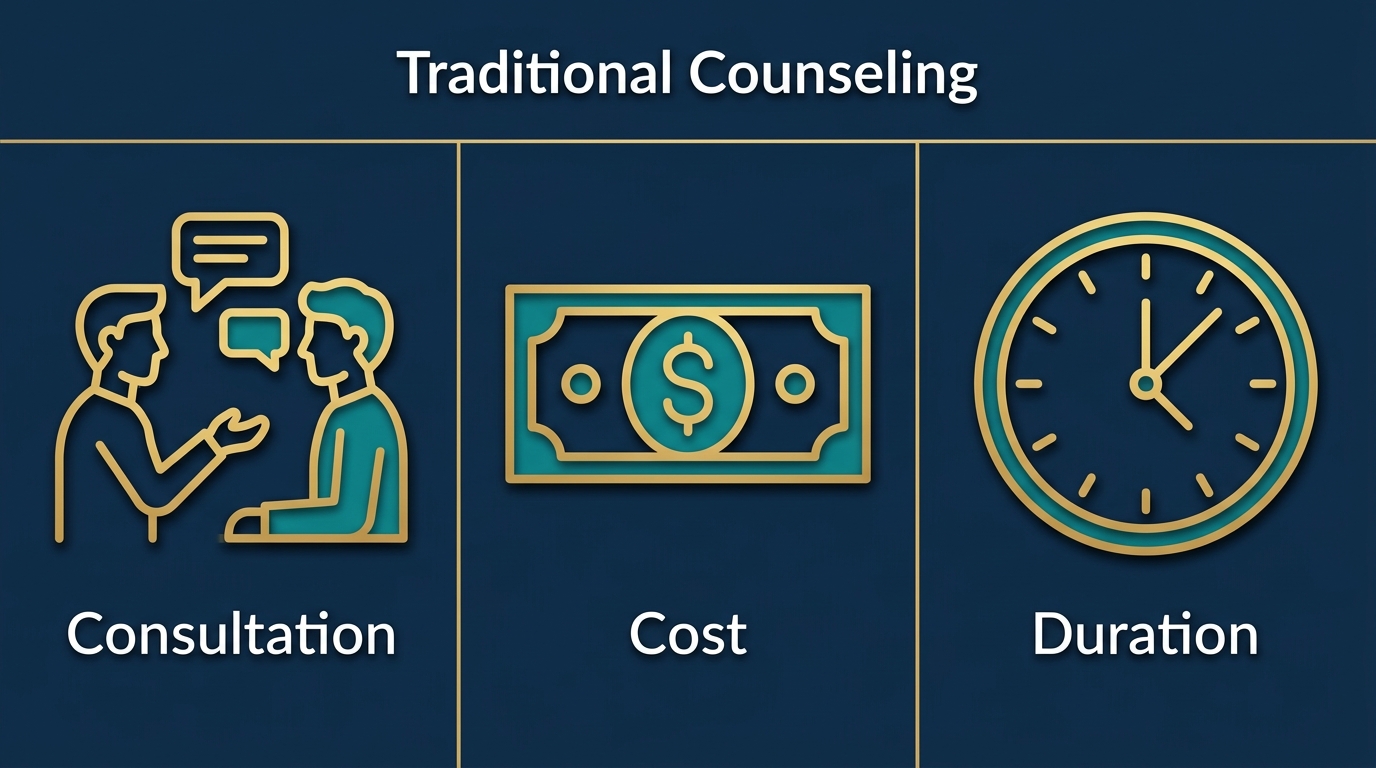 Infographic showing Traditional Counseling treatment path with icons for Consultation, Cost, and Duration.