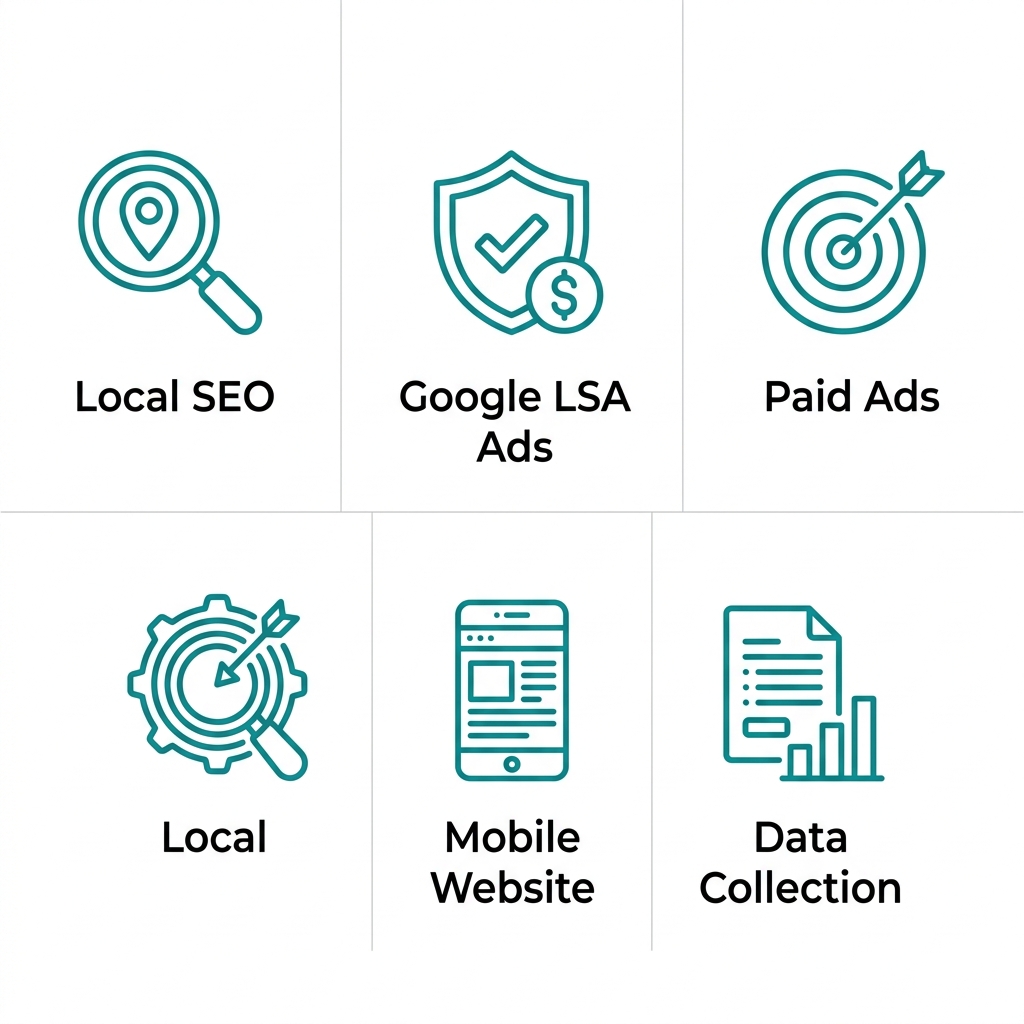Five teal icons representing digital marketing services for home services companies: local SEO, Google LSA ads, paid ads, mobile website, and data collection.