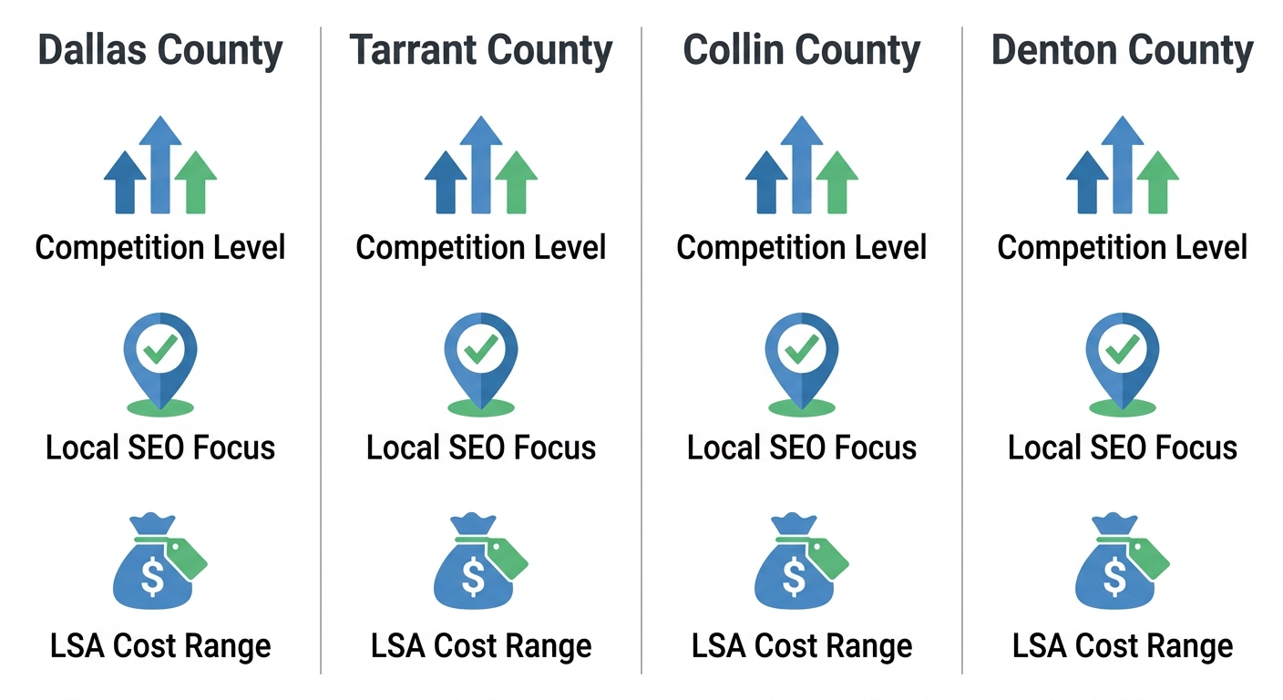 Infographic comparing marketing factors across four Dallas-Fort Worth metro counties with flat icons.