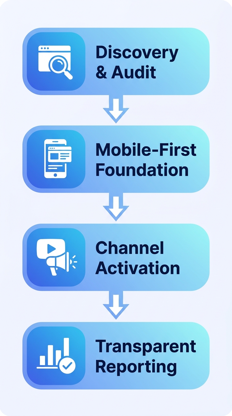 Vertical process flow infographic showing four stages of a digital marketing strategy, each with an icon and label, connected by downward arrows on a light gradient background.